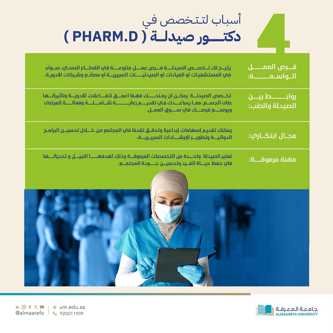 أربعة أسباب وأكثر، تجعل تخصص #الصيدلة خيارًا مميزًا لمستقبلك.